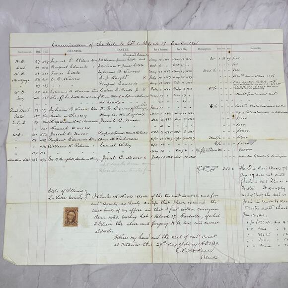 1869 Earlville Title Examination Charles H. Hook La Salle County IL Clerk V14-8